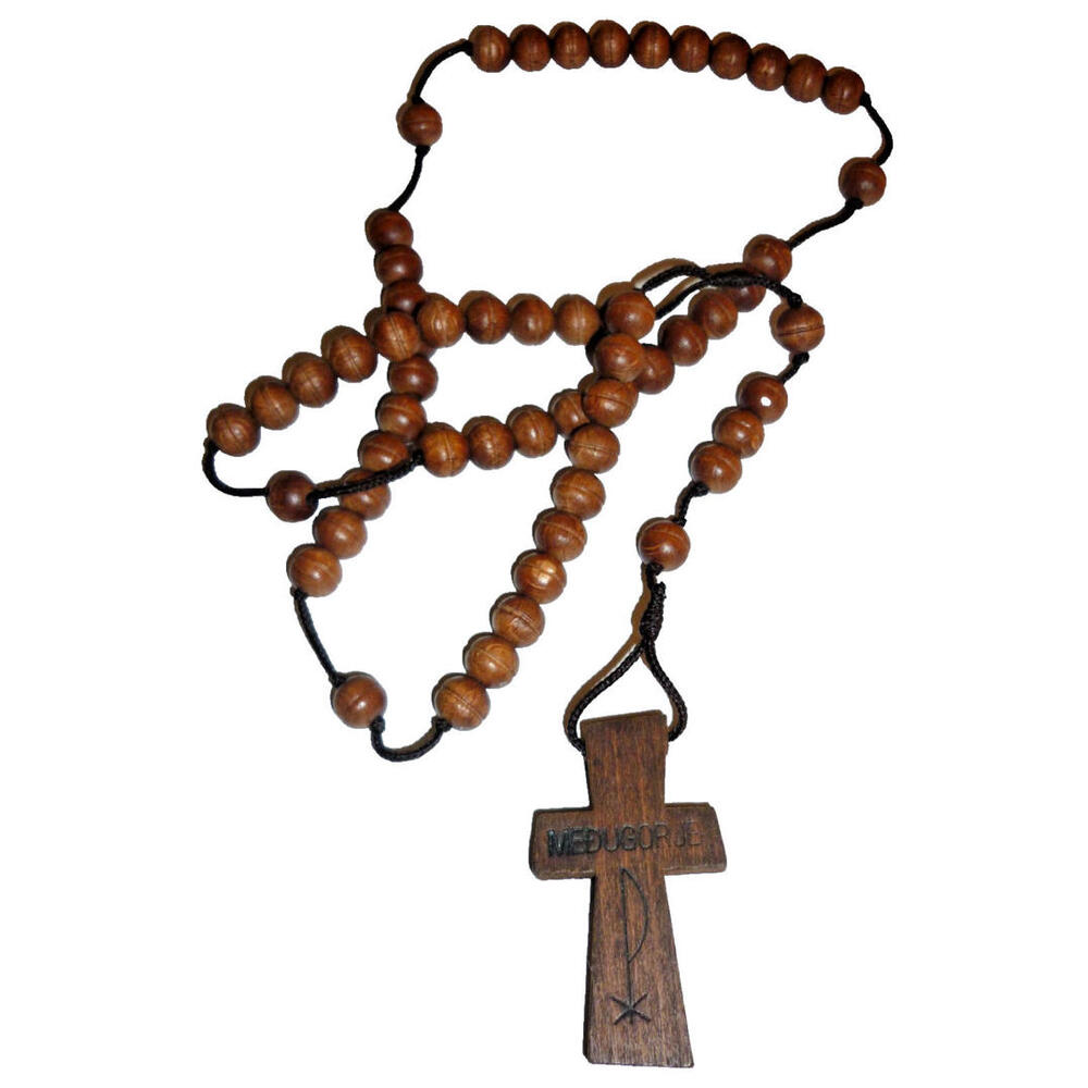 Vintage Crucifix Necklace Wood Beads Christian Medjugorje Wooden Cross